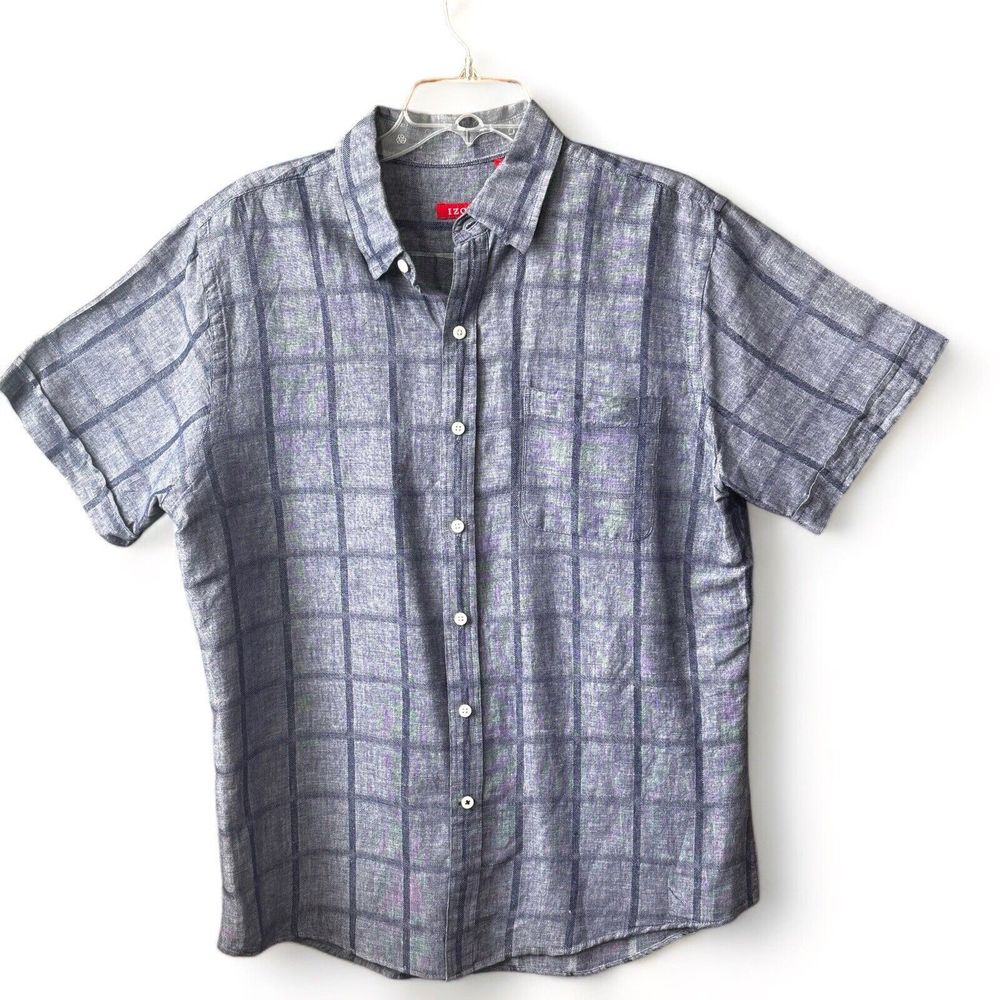 IZOD Seaside Mens Shirt Linen/Cotton Short Sl Button Down Blue Windowpan…